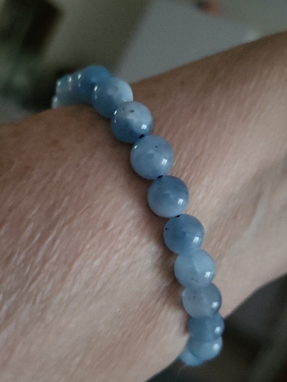 Hand Crafted Aquamarine Gemstone Beaded Stretch Bracelet with Art Bead Center - Picture 3 of 4